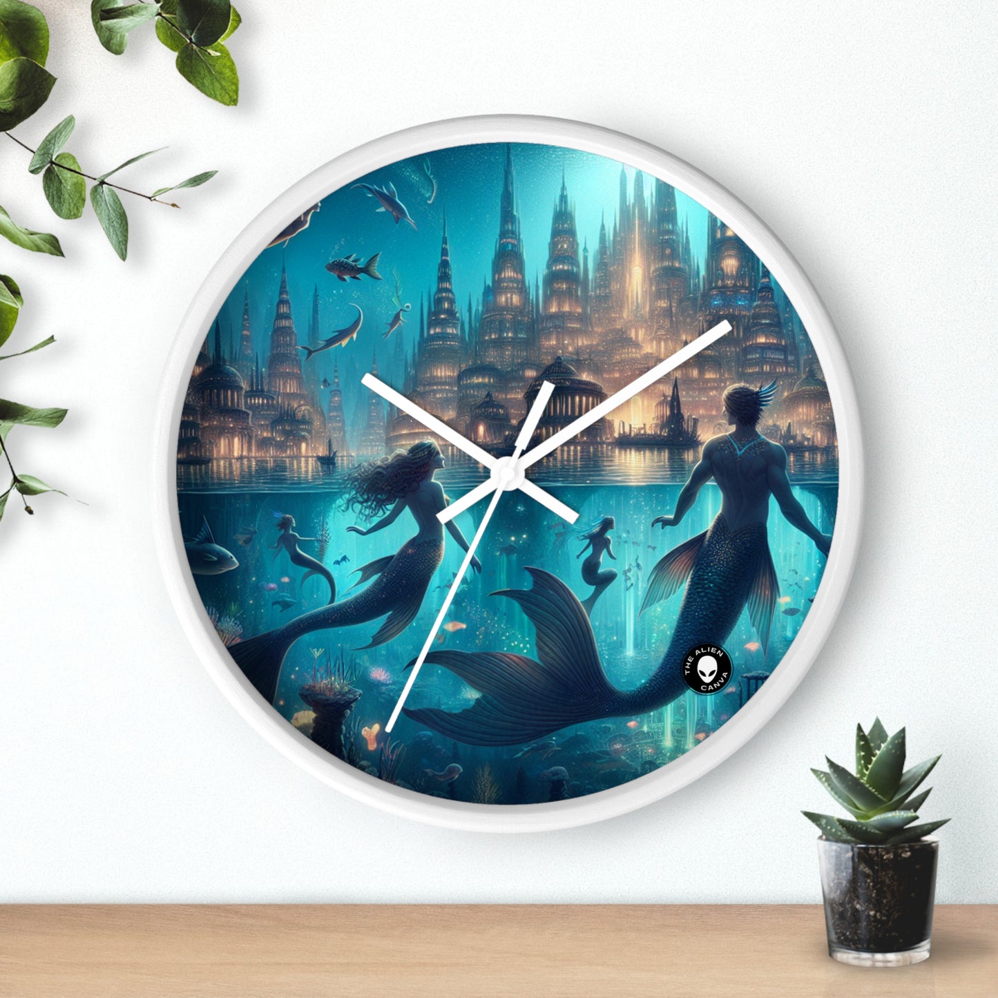 "Atlántida iluminada: una ciudad de criaturas marinas místicas" - El reloj de pared alienígena