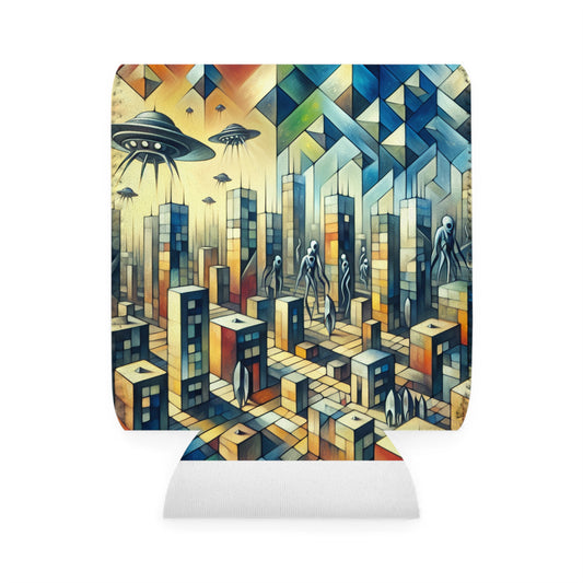 "Cubism in a Futuristic, Alien-Invaded City". - The Alien Can Cooler Sleeve A futristic city invaded by aliens in cubism art style