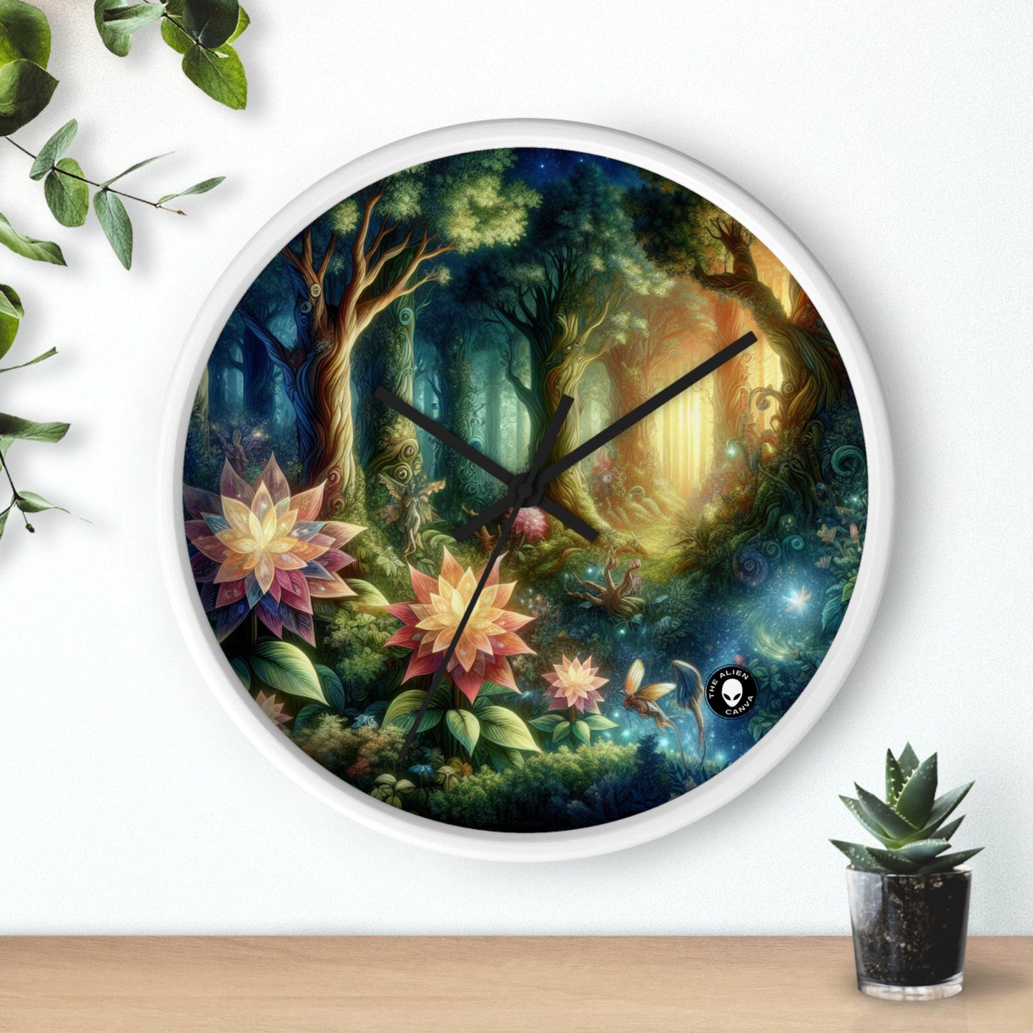 Enchanted Woodland: Glowing Blossoms and Mystical Beings - The Alien Wall Clock