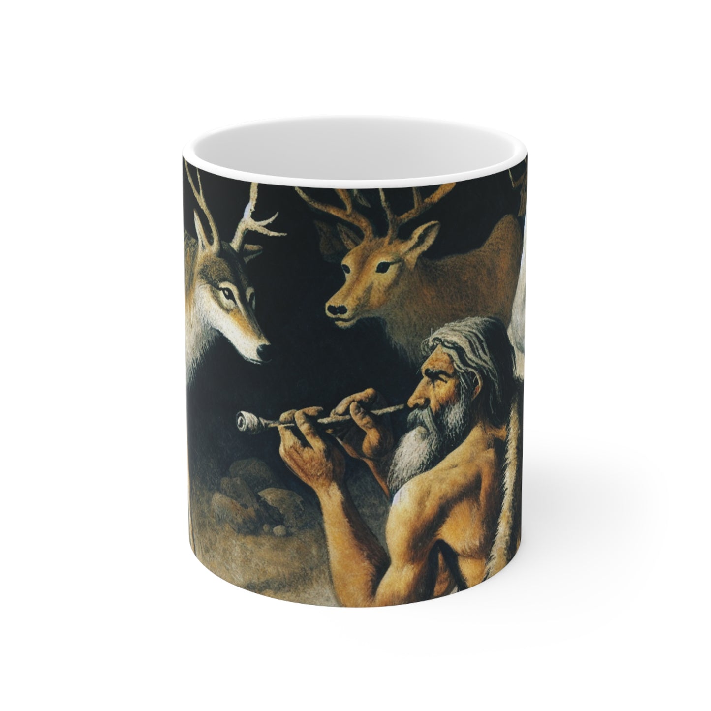 "Chasseur et loup : à la poursuite d'une proie." - La tasse en céramique Alien 11oz Peinture rupestre