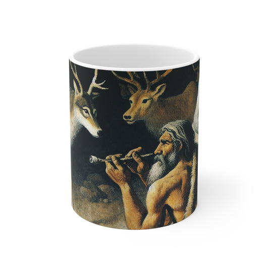 "Cazador y lobo: en busca de presas". - Taza de cerámica The Alien de 11 oz con pintura rupestre