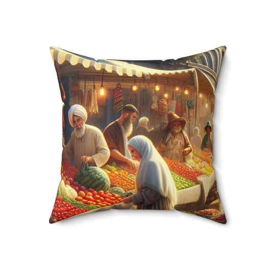 "Sunny Vibes at the Outdoor Market" - The Alien Spun Polyester Square Pillow Realism Style