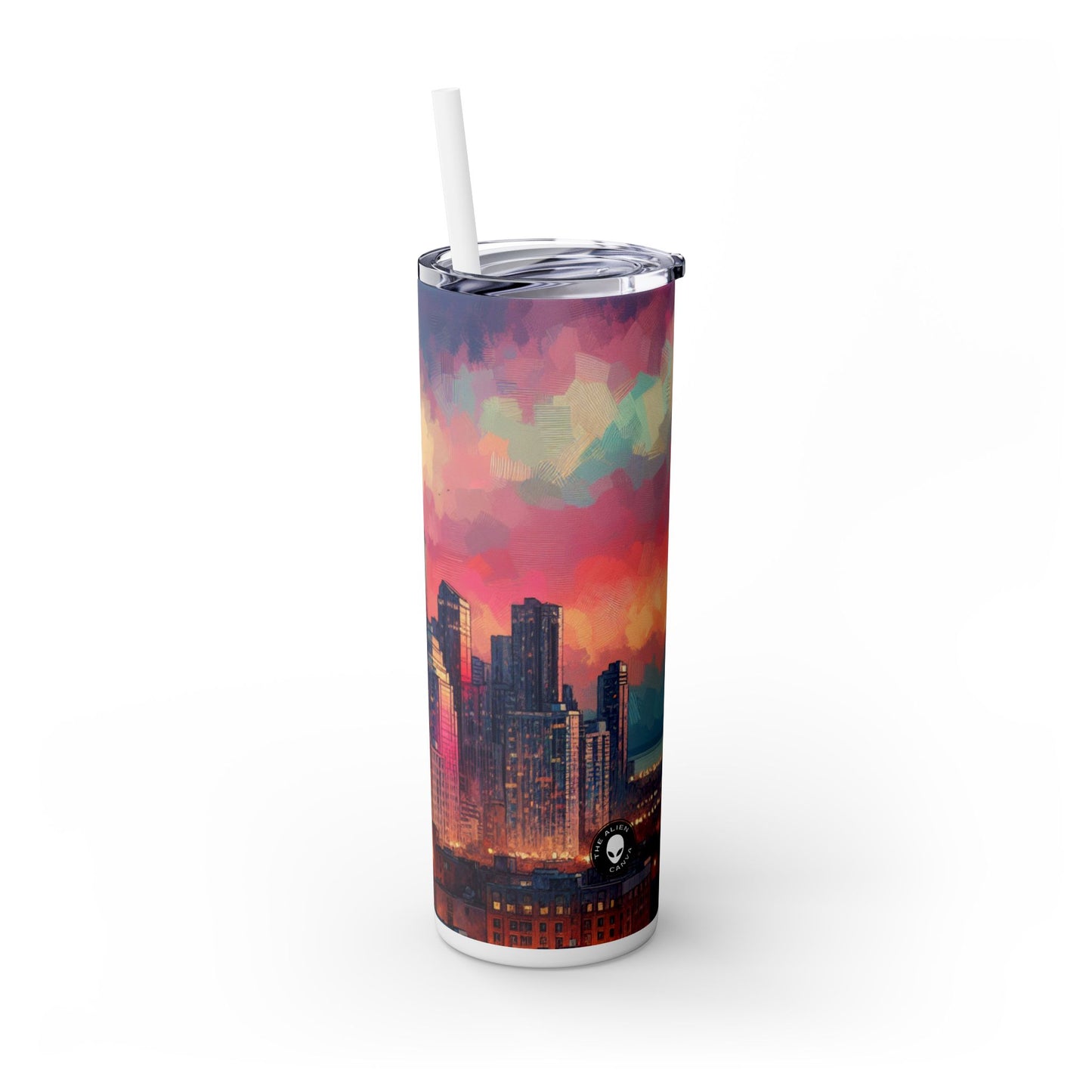 "Dusky Reflections: City Skyline at Sunset" - The Alien Maars® Skinny Tumbler with Straw 20oz