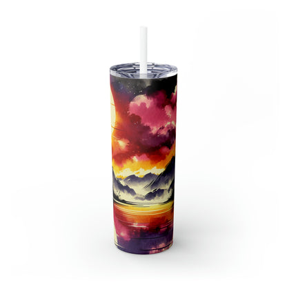 "A Pastel Sunset Symphony" - The Alien Maars® Skinny Tumbler with Straw 20oz Ink Wash Painting