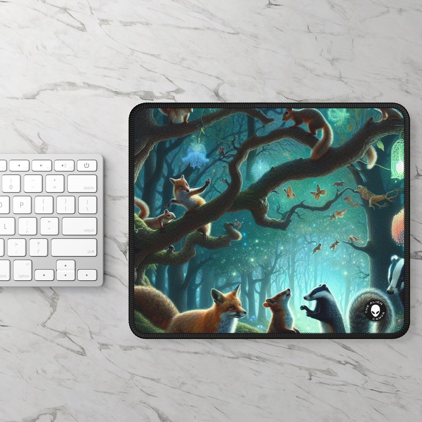 "Mystical Menagerie: Creatures frolicking in an enchanted forest" - The Alien Gaming Mouse Pad