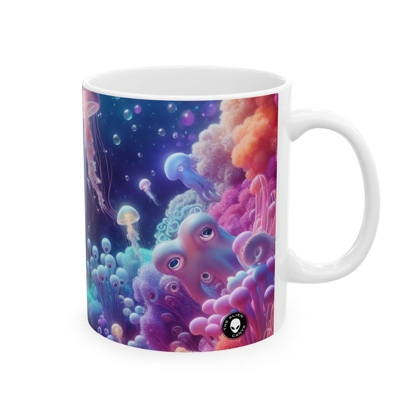 Enchanting Underwater Realm: Glowing Jellyfish and Curious Octopus - The Alien Ceramic Mug 11oz