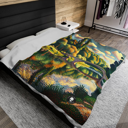 "Tranquil Sunset: A Pointillism Landscape" - The Alien Velveteen Plush Blanket Pointillism