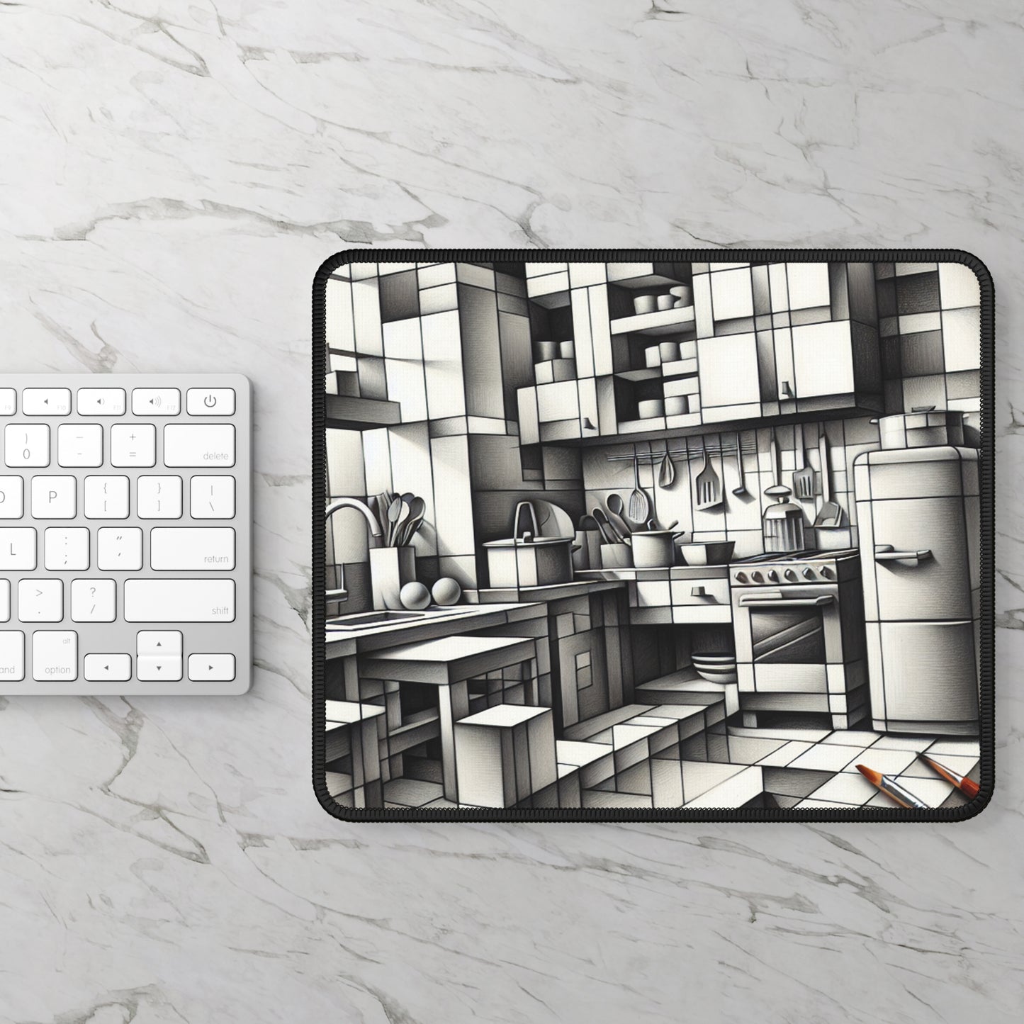 "Cubist Kitchen Collage" - The Alien Gaming Mouse Pad Cubism Style
