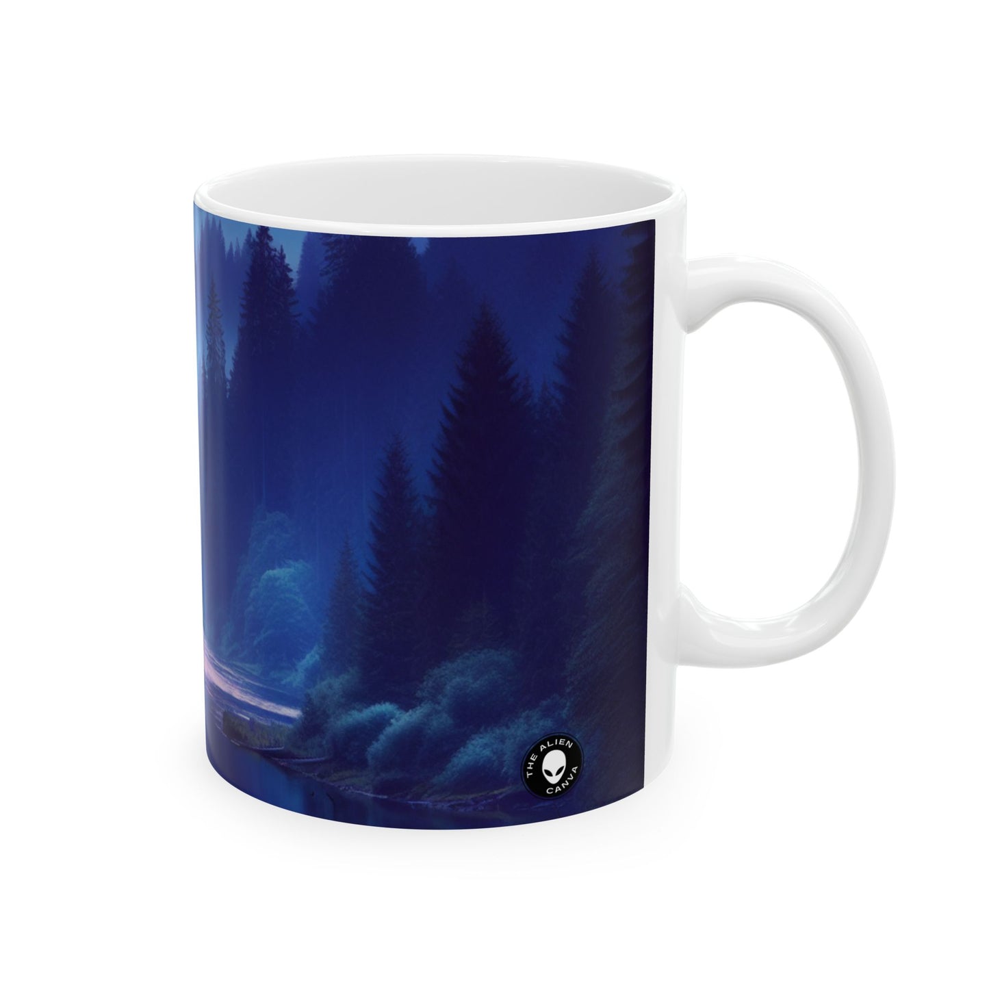 "Tranquilidad Crepuscular: Reflejos del río en el bosque" - Taza de cerámica The Alien de 11 oz