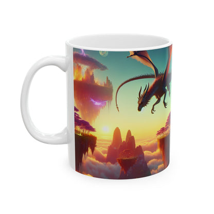 "El vuelo del dragón en el reino fantástico" - Taza de cerámica alienígena de 11 oz