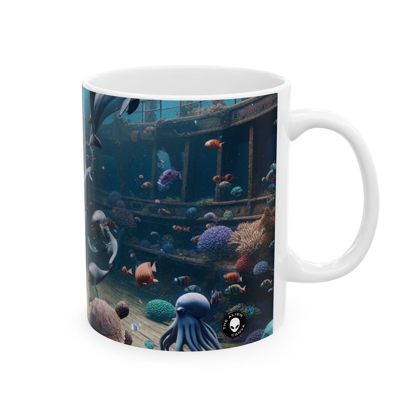 "Fiesta del naufragio: una fiesta de baile bajo el agua" - Taza de cerámica alienígena de 11 oz