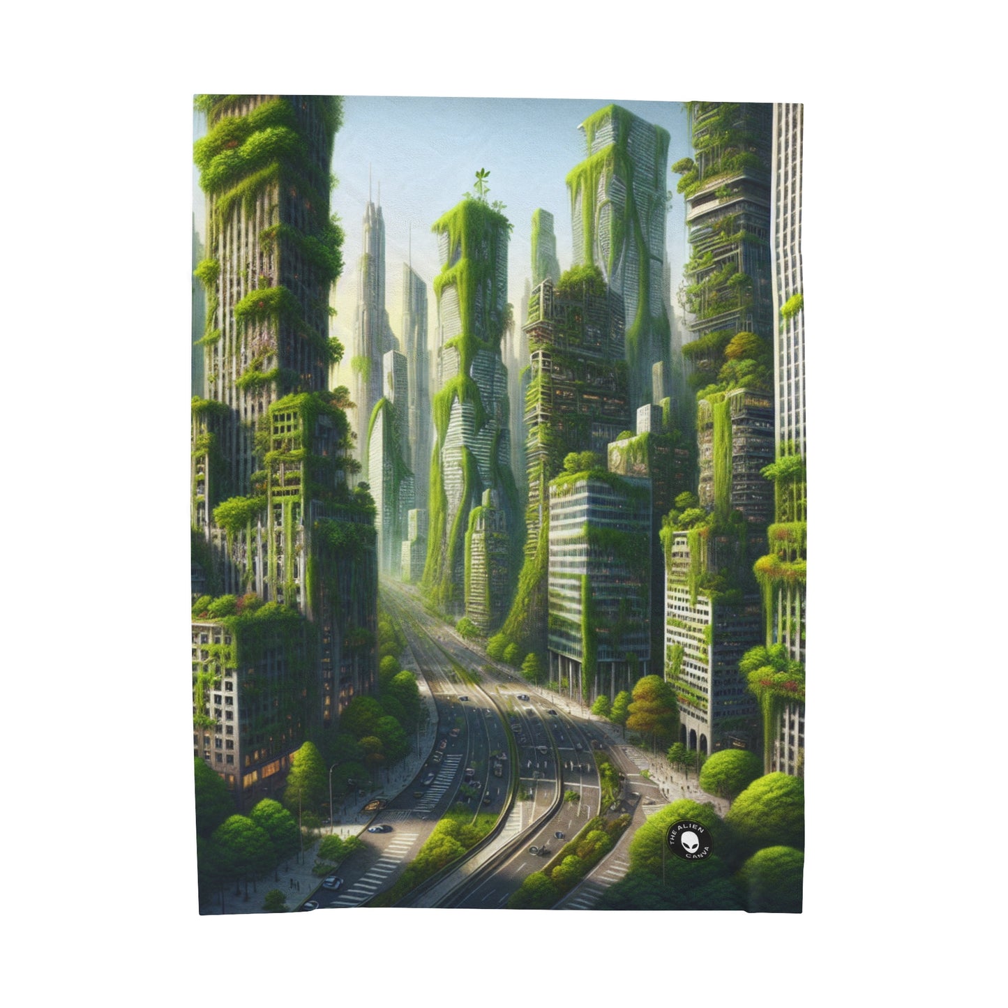 "Nature's Resurgence: A Futuristic Cityscape" - The Alien Velveteen Plush Blanket