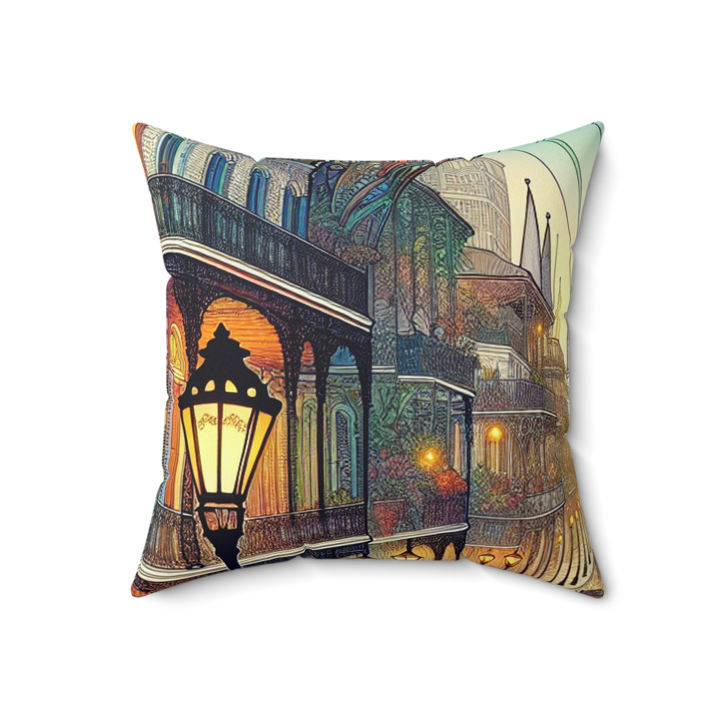 "Vivid Splendor: A Picture of New Orleans's French Quarter" - The Alien Spun Polyester Square Pillow Art Nouveau Style