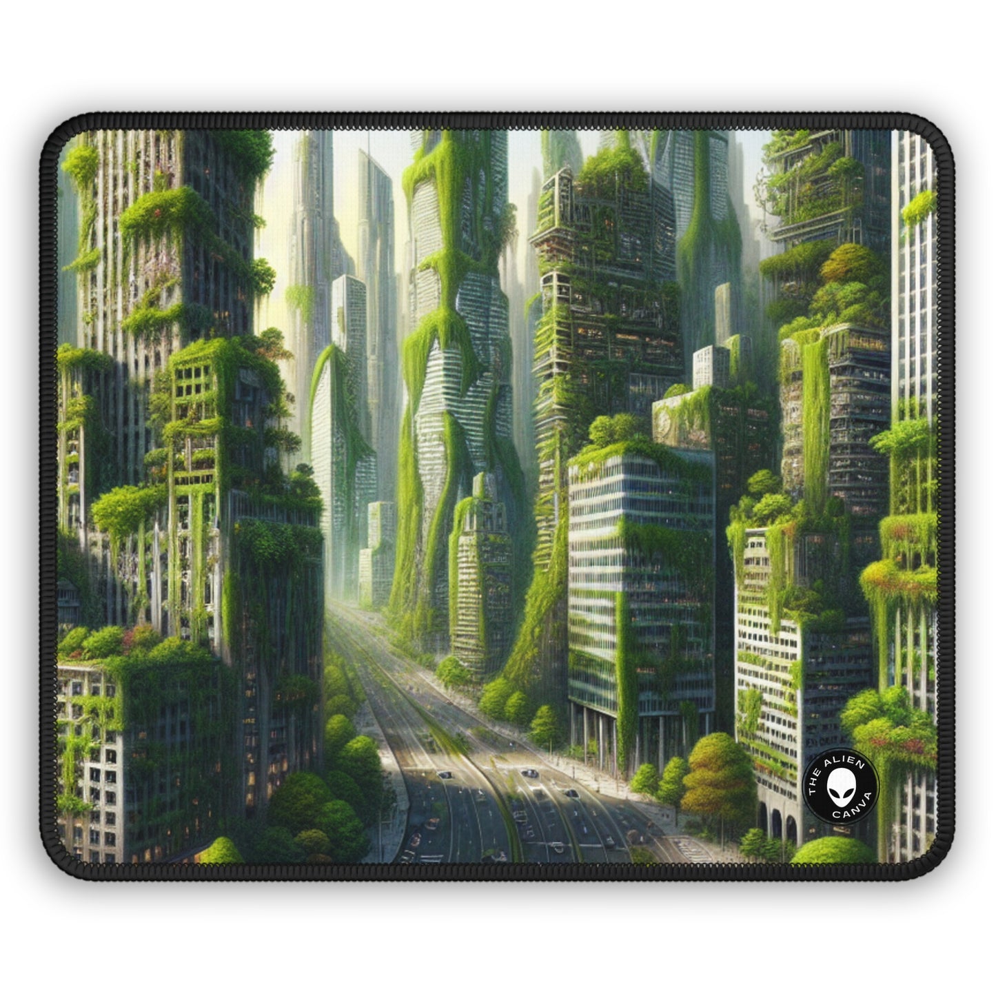 « La résurgence de la nature : un paysage urbain futuriste » – Le tapis de souris Alien Gaming