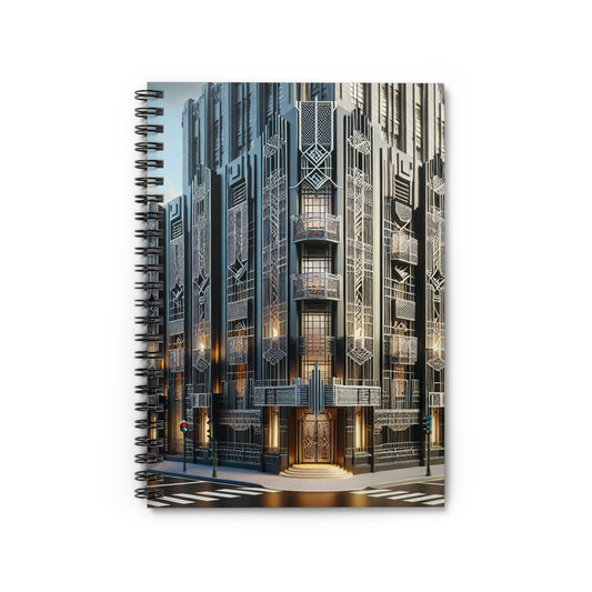 "Elegancia iluminadora: una calle de la ciudad Art Deco" - Cuaderno de espiral The Alien (línea reglada) Estilo Art Deco