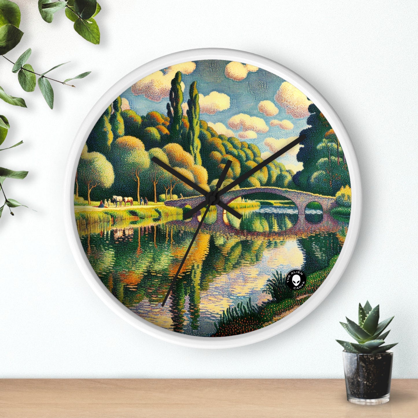 "Coucher de soleil tranquille : un paysage pointilliste" - L'horloge murale Alien Pointillism