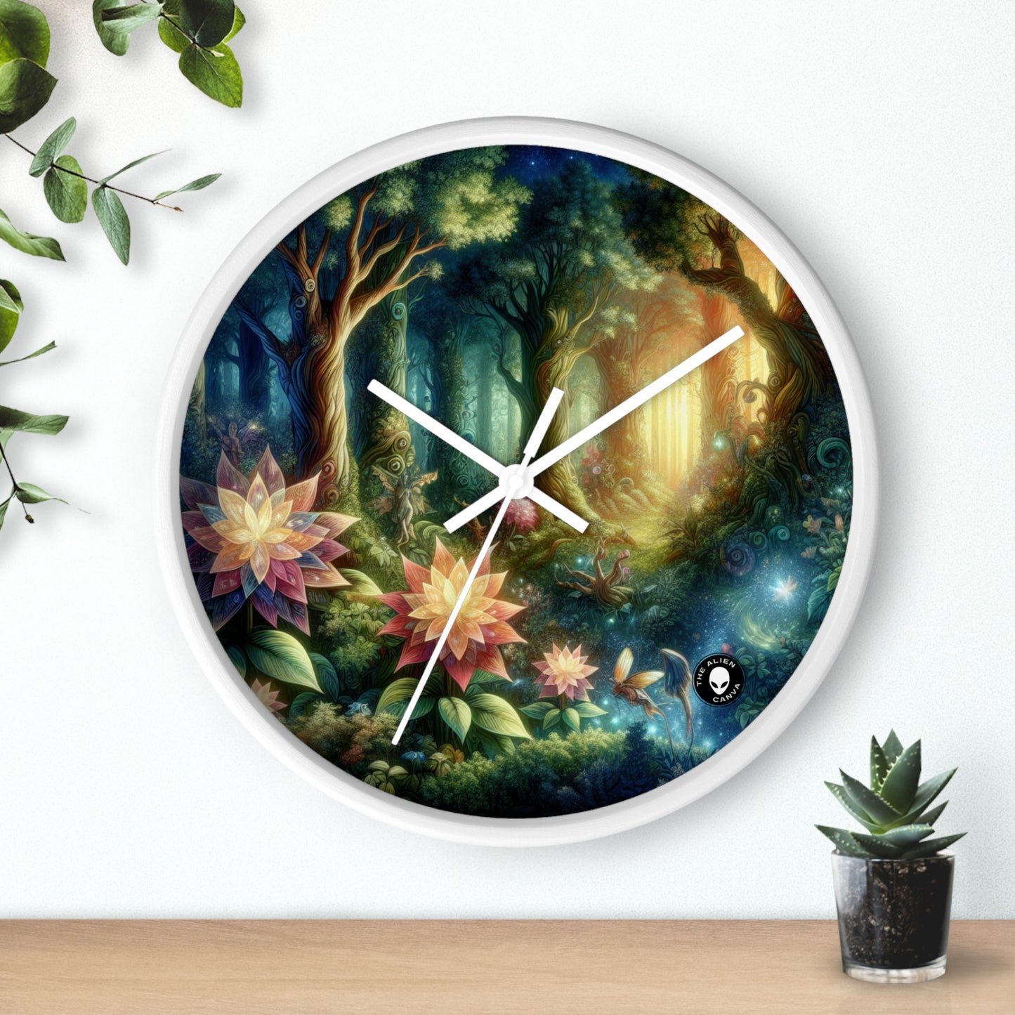 Forêt enchantée : fleurs lumineuses et êtres mystiques - L'horloge murale extraterrestre