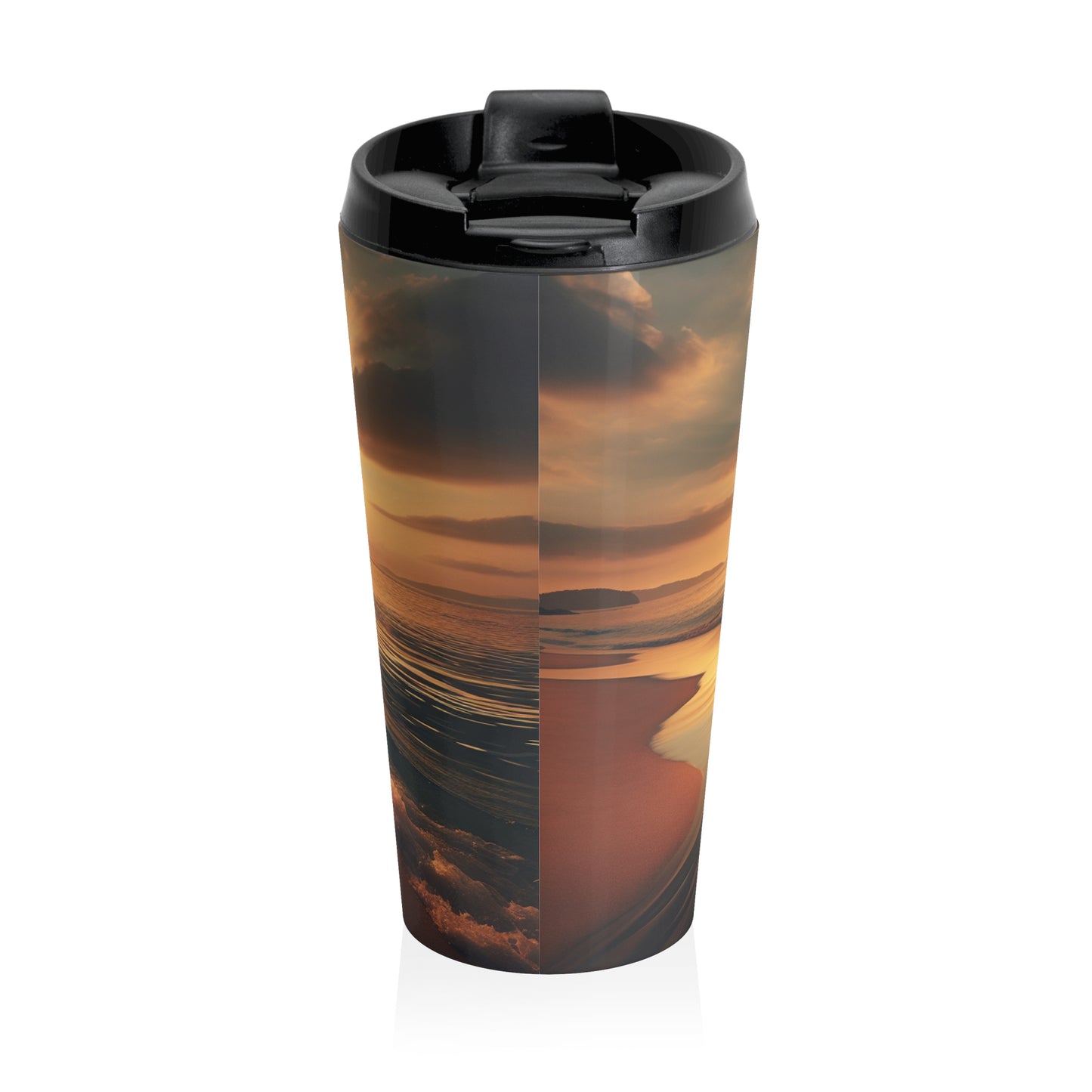 "Une promenade le long de la plage au coucher du soleil" - La tasse de voyage en acier inoxydable Alien style photoréaliste