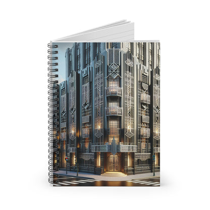 "Elegancia iluminadora: una calle de la ciudad Art Deco" - Cuaderno de espiral The Alien (línea reglada) Estilo Art Deco