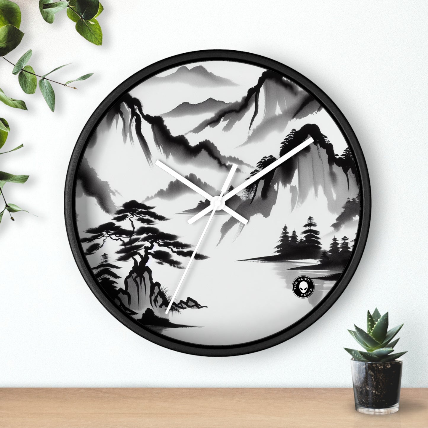 "Reflejo de la montaña: una serena pintura con tinta zen" - El reloj de pared alienígena Pintura con tinta zen