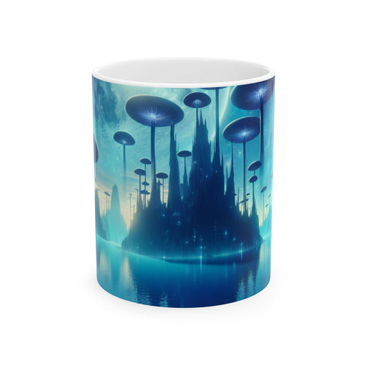 "Moonlit Mushroom Lake" - Taza de cerámica alienígena de 11 oz