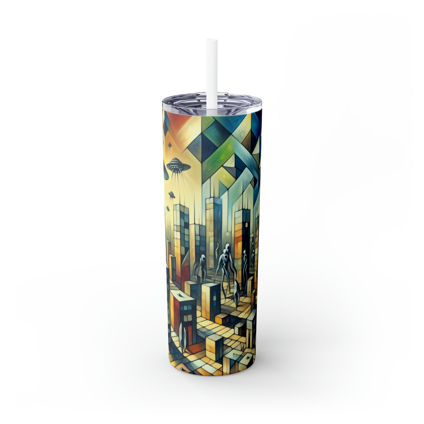 "Cubism in a Futuristic, Alien-Invaded City". - The Alien Maars® Skinny Tumbler with Straw 20oz A futristic city invaded by aliens in cubism art style