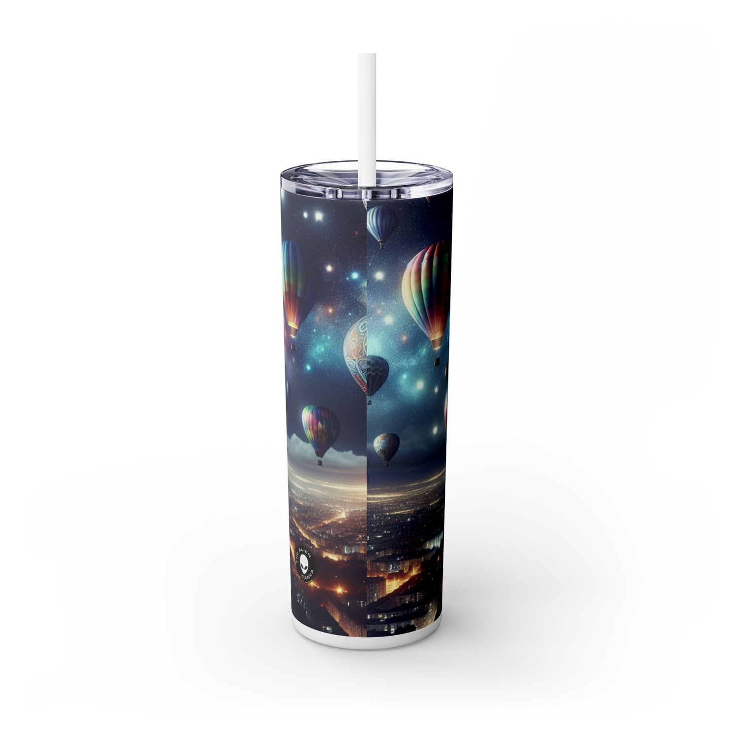 "Starry Night Voyage: Hot Air Balloons Over the City" - The Alien Maars® Skinny Tumbler with Straw 20oz