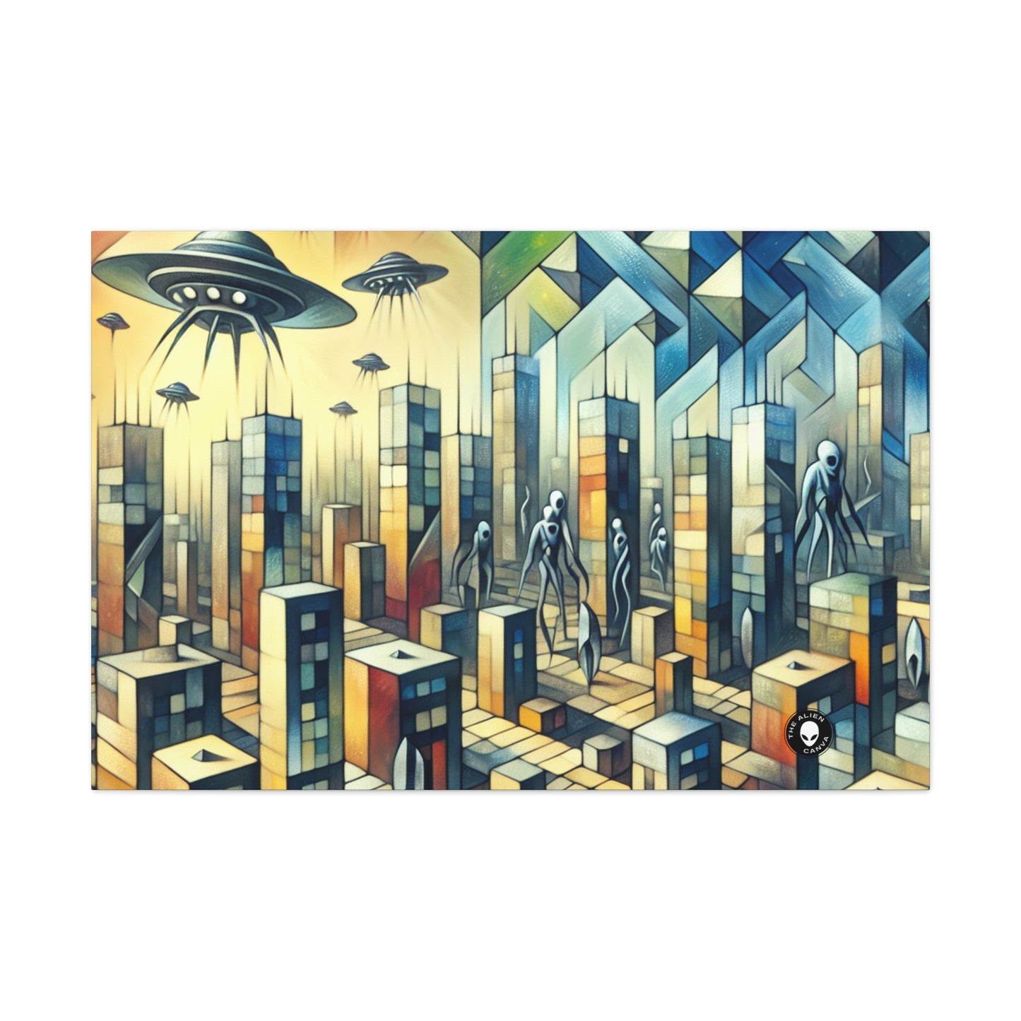 "Cubisme dans une ville futuriste envahie par des extraterrestres". - The Alien Canva Une ville futuriste envahie par des extraterrestres dans un style artistique cubiste