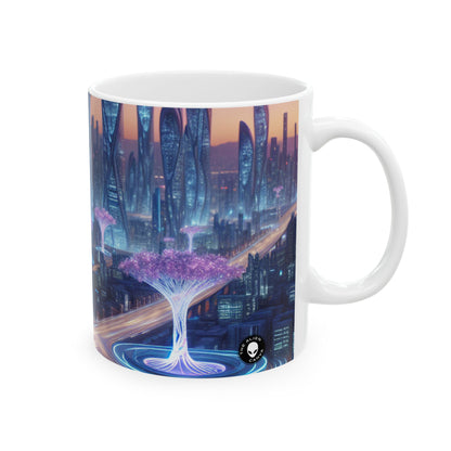 "La ciudad del mañana: naturaleza y tecnología entrelazadas" - Taza de cerámica The Alien de 11 oz