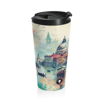 Tranquil Coast: A Serene Watercolor Sunset Painting - The Alien Stainless Steel Travel Mug Watercolor Painting