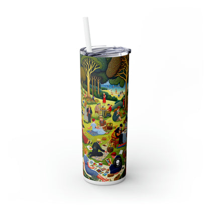 "Whimsical Village Delights" - Vaso delgado con pajita de Alien Maars®, 20 oz, arte naïve