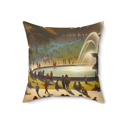 "Neon Rainfall: A Vibrant Cityscape at Dusk"- The Alien Spun Polyester Square Pillow Photographic Realism