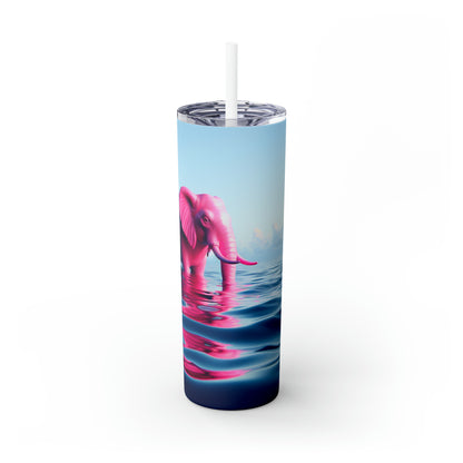 "The Pink Elephant in the Deep Blue Sea" - The Alien Maars® Skinny Tumbler with Straw 20oz A pink elefant floating in the ocean