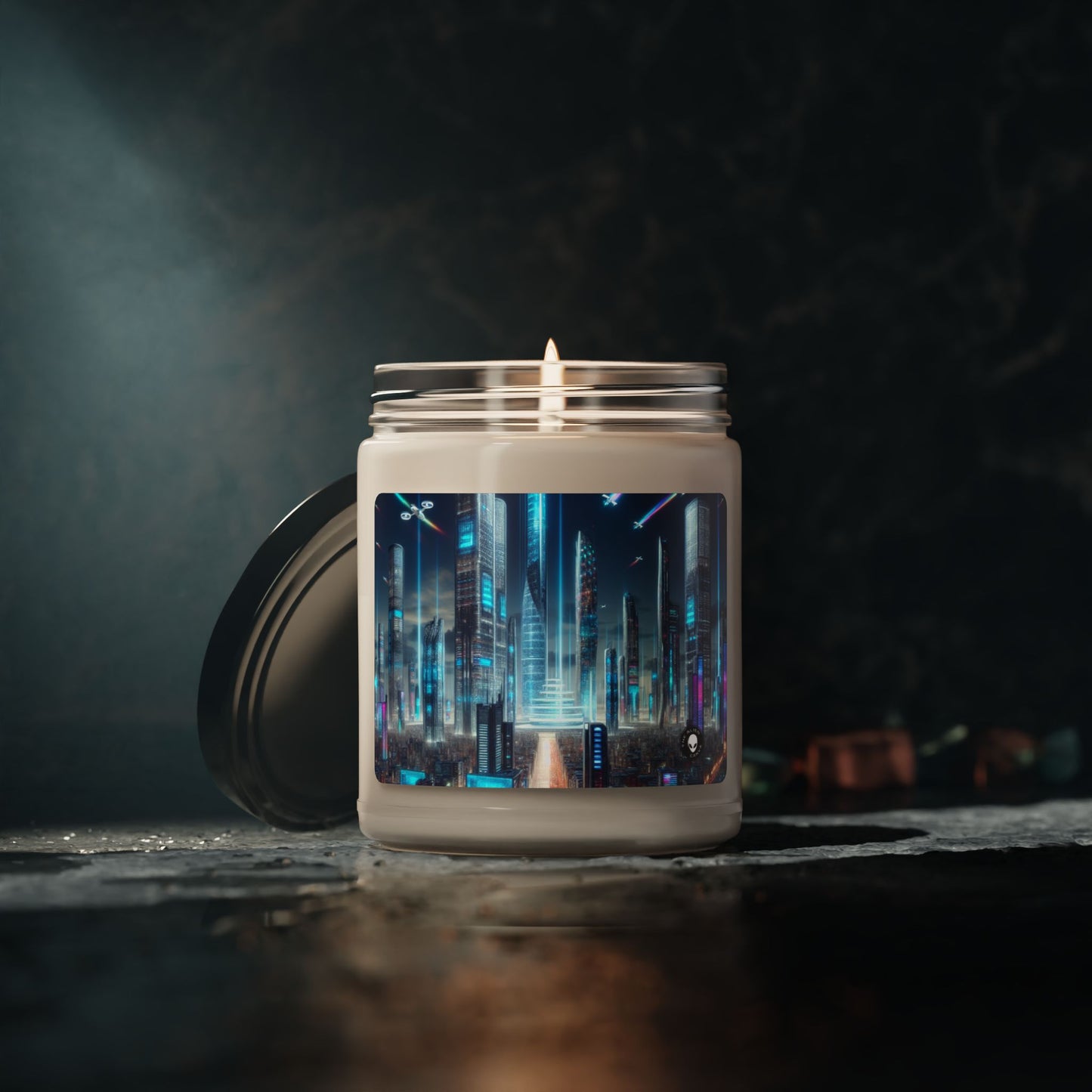 "Future Cityscape: A Skyline of Flying Cars and Neon Lights" - The Alien Scented Soy Candle 9oz