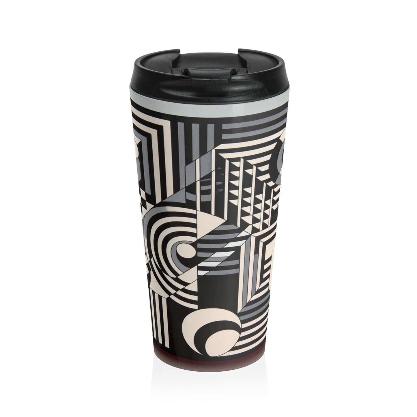 "Mesmerize: Geometría Op Art audaz en blanco y negro" - La taza de viaje de acero inoxidable Alien Op Art