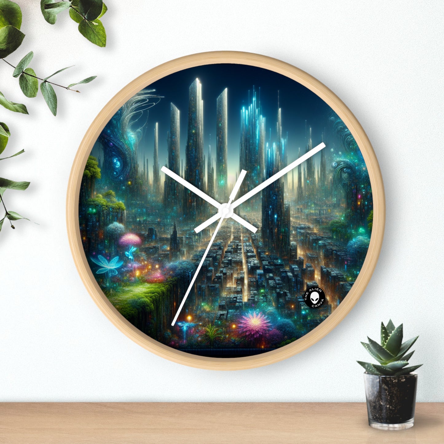 « Neon Oasis : un pays des merveilles urbain futuriste » – L'horloge murale Alien