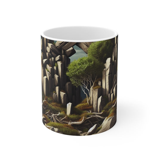 "Spinning Nature's Tapestry : Une installation de Land Art à couper le souffle célébrant la beauté complexe des toiles d'araignées" - La tasse en céramique Alien 11oz Land Art