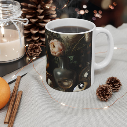 "Dégradation numérique : une vanité contemporaine examinant le consumérisme au 21e siècle" - La tasse en céramique Alien 11oz Vanitas Painting