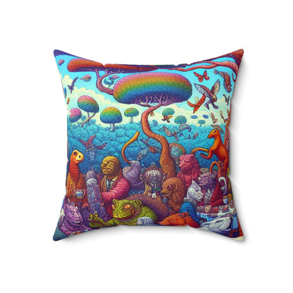 "Animal Tea Party in a Rainbow Wonderland"- The Alien Spun Polyester Square Pillow