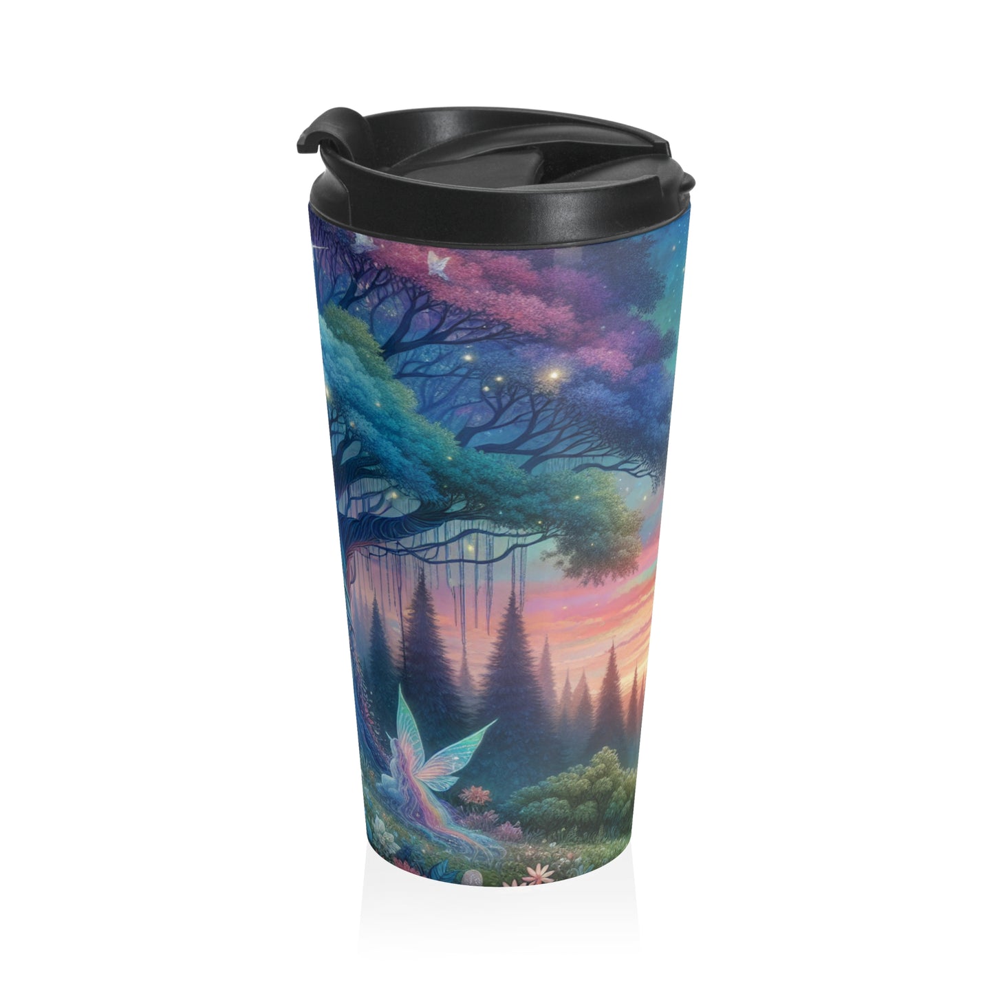 "Atardecer encantado: una pintura de un bosque mágico" - Taza de viaje de acero inoxidable The Alien