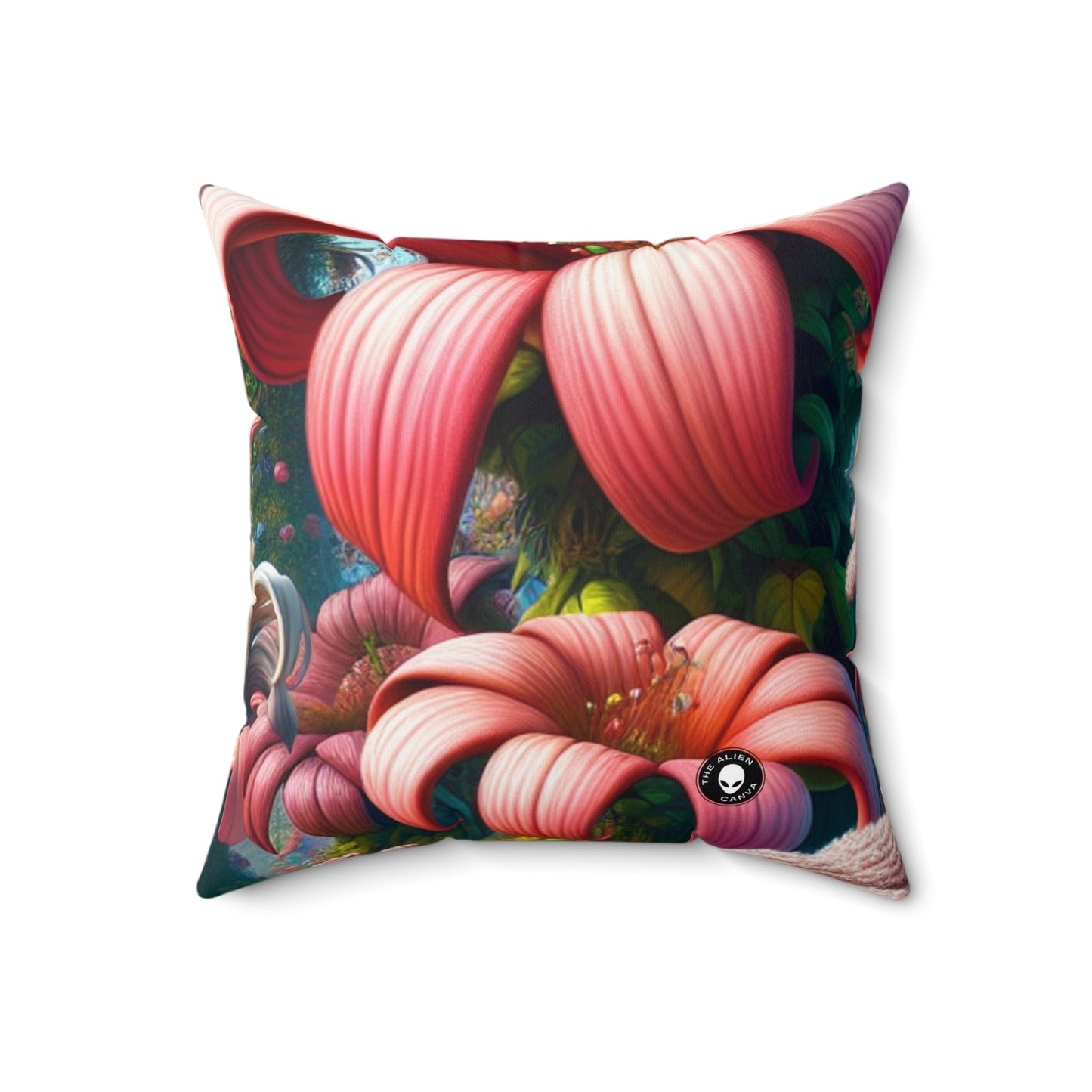 "Fanciful Garden: Big Blooms and Little Creatures"- The Alien Spun Polyester Square Pillow