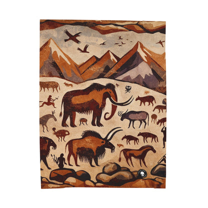 Title: "Ancient Encounter: The Battle of Giants" - The Alien Velveteen Plush Blanket Cave Painting