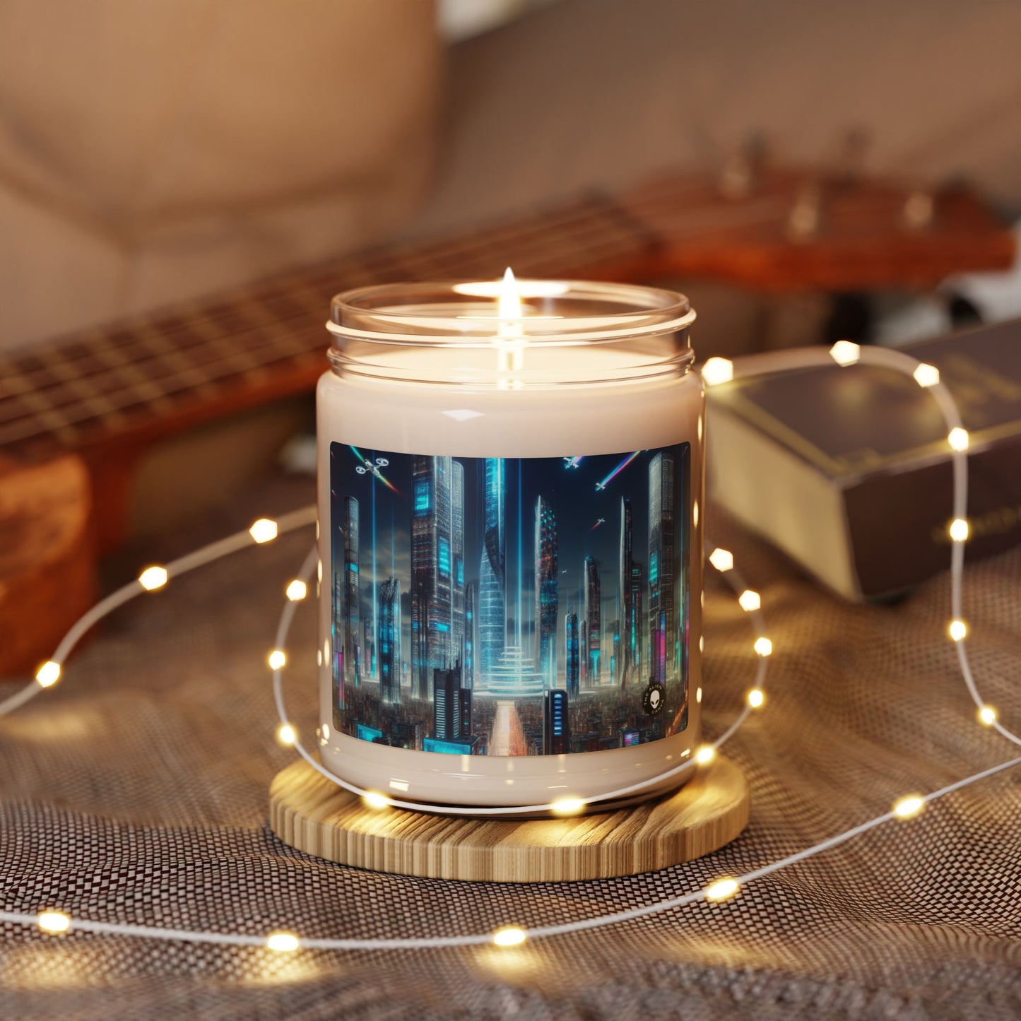 "Future Cityscape: A Skyline of Flying Cars and Neon Lights" - The Alien Scented Soy Candle 9oz