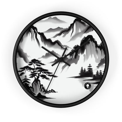 "Reflejo de la montaña: una serena pintura con tinta zen" - El reloj de pared alienígena Pintura con tinta zen