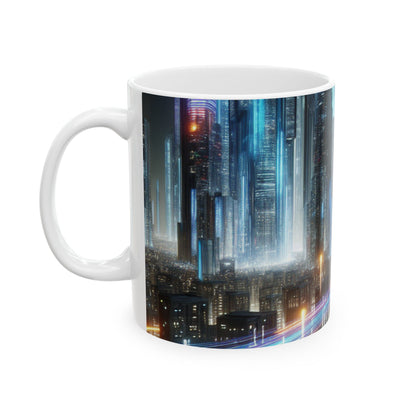 "Paisajes nocturnos de neón: una aventura urbana futurista" - Taza de cerámica alienígena de 11 oz