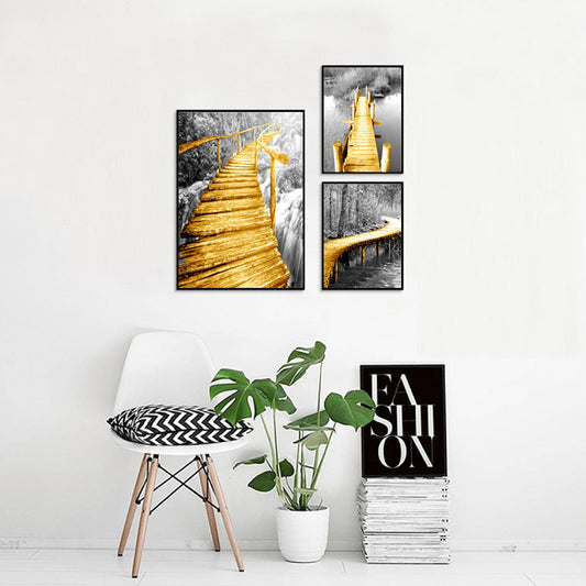 Nordic Yellow Wooden Bridge Black White Scene Posters