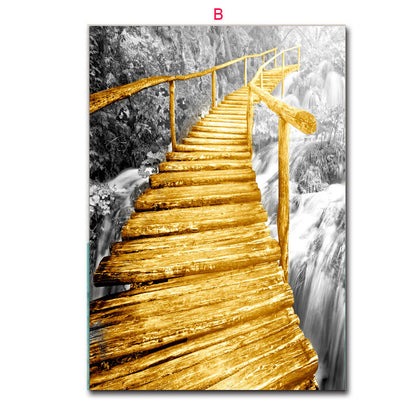 Nordic Yellow Wooden Bridge Black White Scene Posters