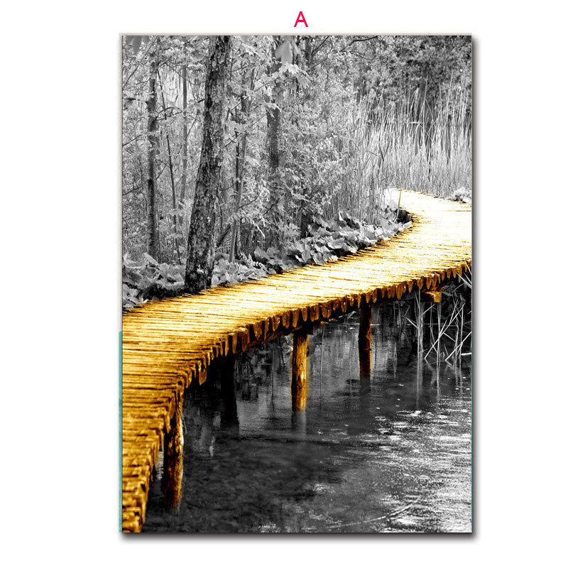 Nordic Yellow Wooden Bridge Black White Scene Posters