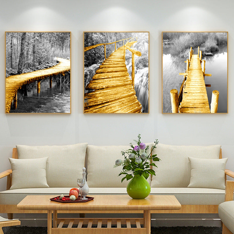 Nordic Yellow Wooden Bridge Black White Scene Posters