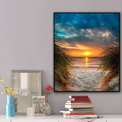 Pintura decorativa para sala de estar, paisaje marino, puesta de sol, taladro completo